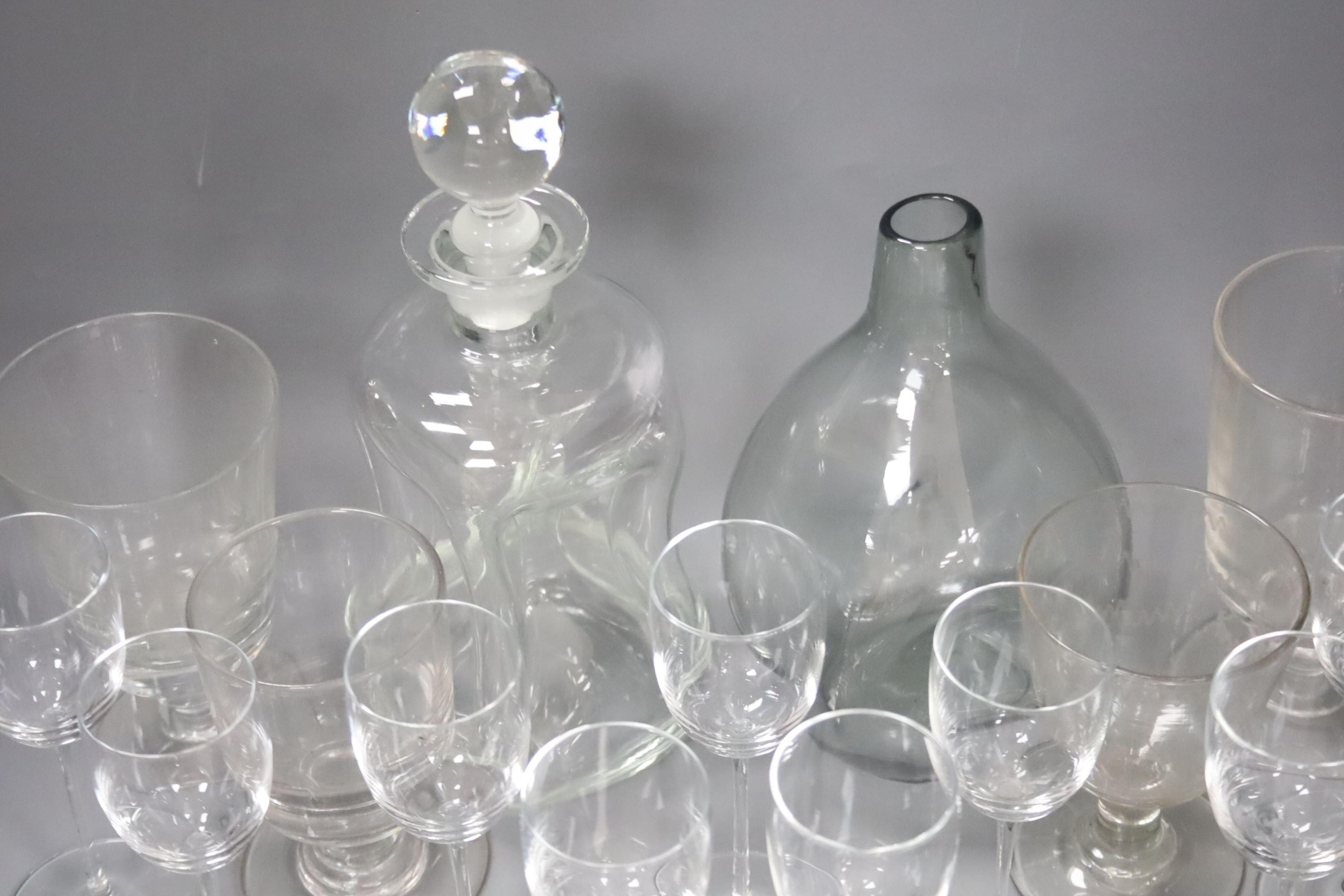 A Swedish glass decanter and glasses, four assorted etched rummers, nine Hadeland Norwegian glasses